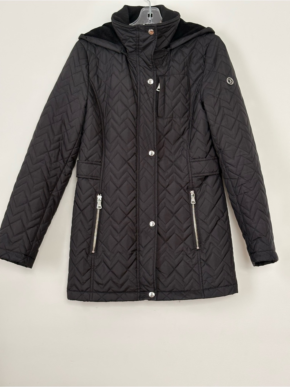 Calvin Klein Black Chevron Quilted Hooded Coat Women S Cinched Waist